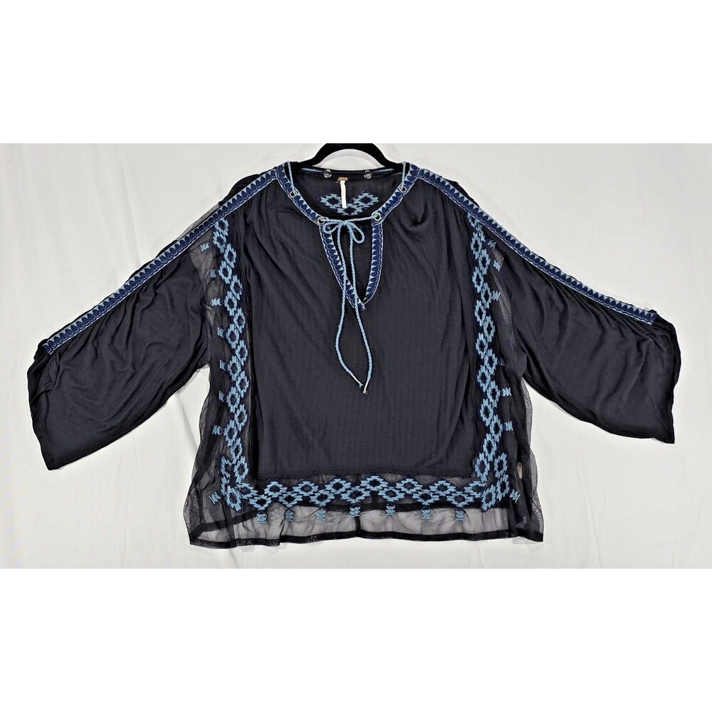 Free People Eden Tunic Embroidered Black Sheer Top Boho Aztec Festival Size S